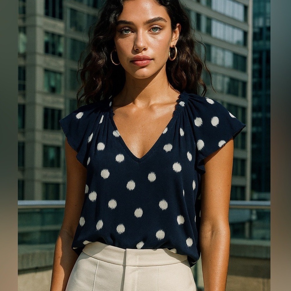 New Day Womens Polka Dot‎ Blouse XS Navy Blue Y2K Work Nautical Flutter Coastal